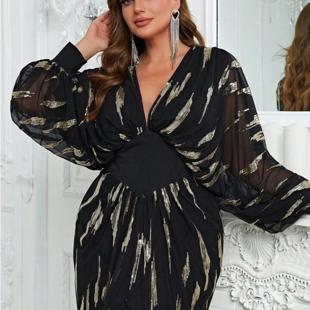 Plus size Black Gold Metallic party formal evening holidays dress - Picture 3 of 10